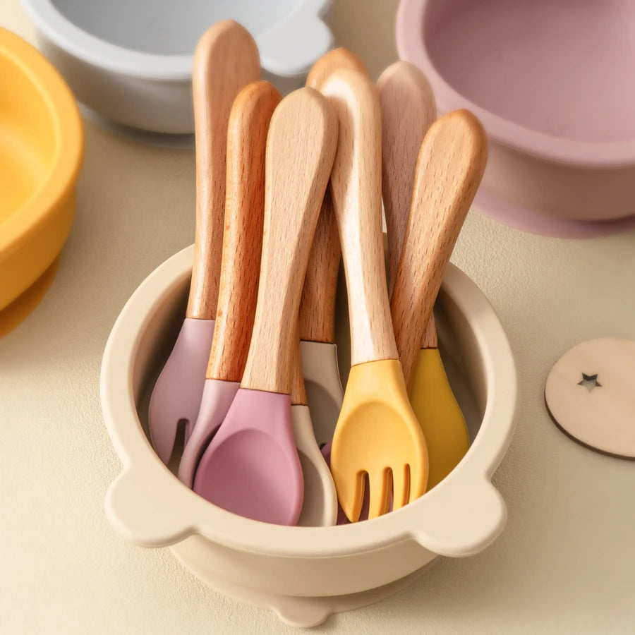 Wooden Handle Silicone Training Spoon & Fork Set