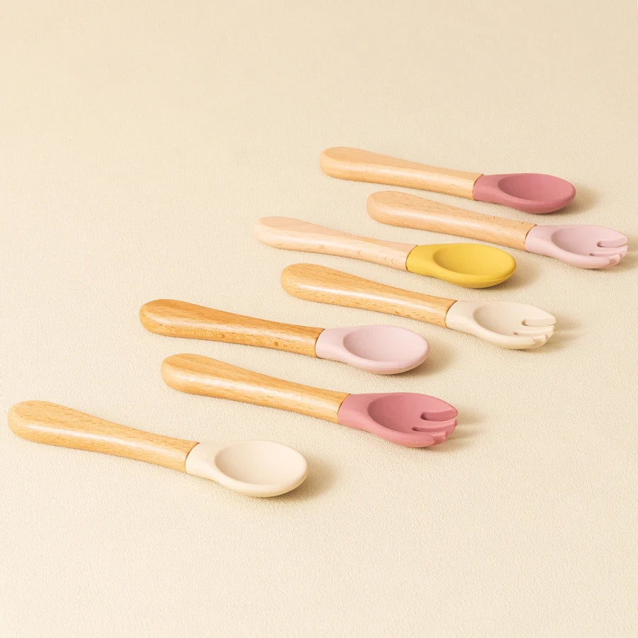 Wooden Handle Silicone Training Spoon & Fork Set