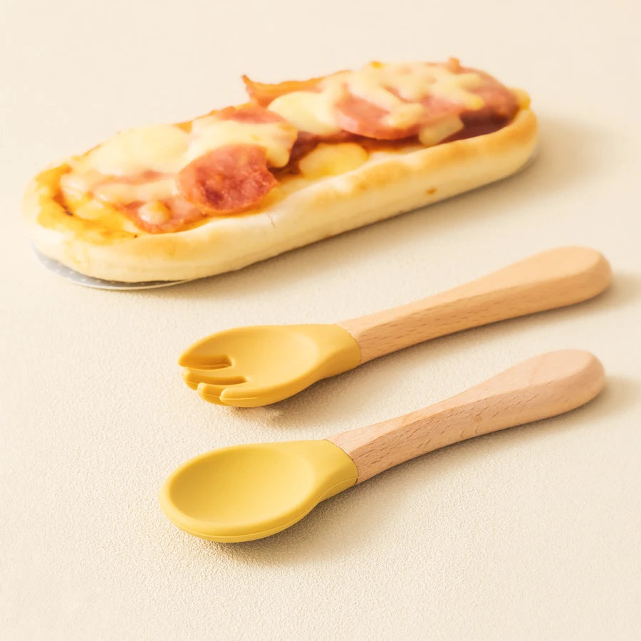 Wooden Handle Silicone Training Spoon & Fork Set