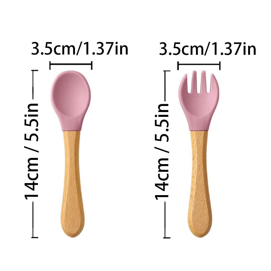 Wooden Handle Silicone Training Spoon & Fork Set