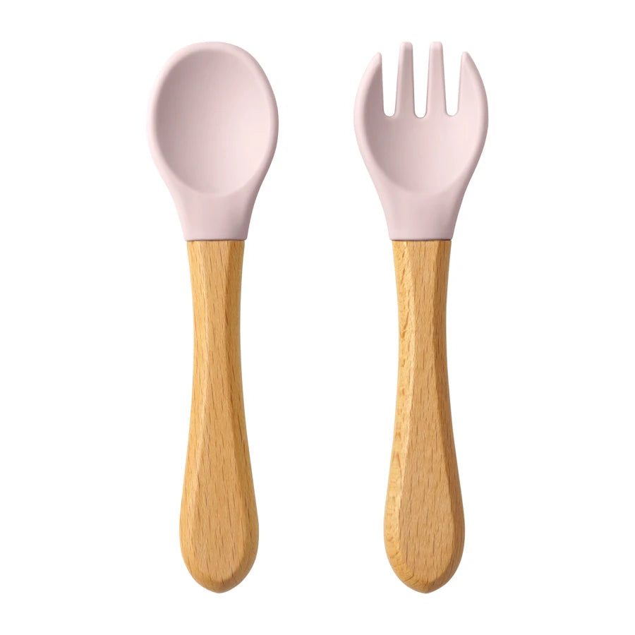 Wooden Handle Silicone Training Spoon & Fork Set