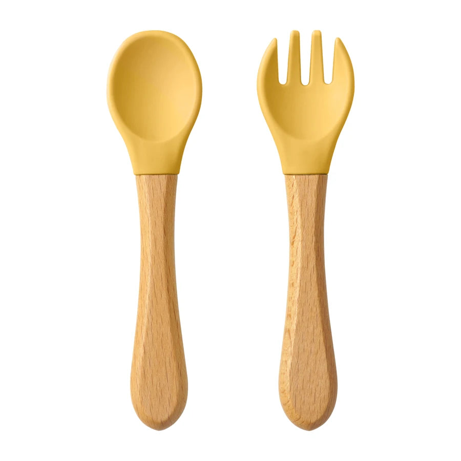 Wooden Handle Silicone Training Spoon & Fork Set