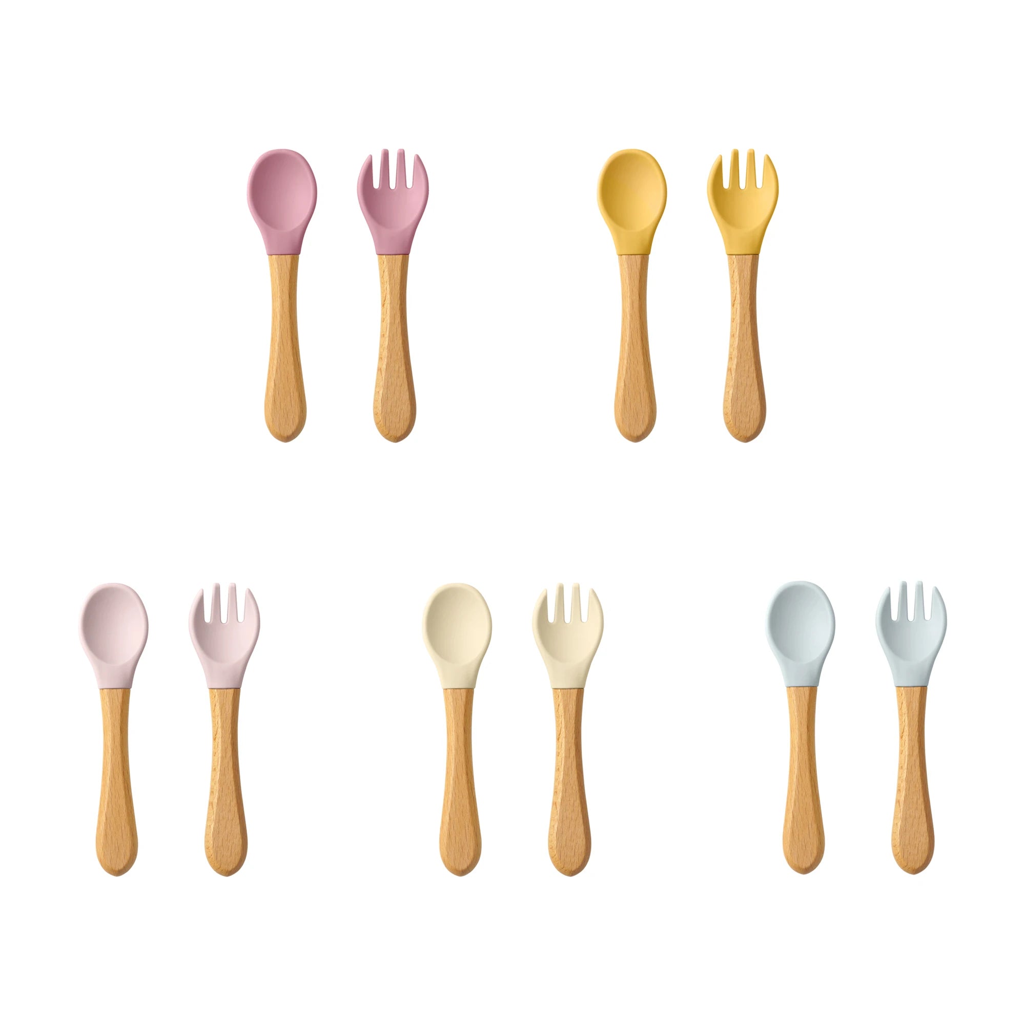 Wooden Handle Silicone Training Spoon & Fork Set