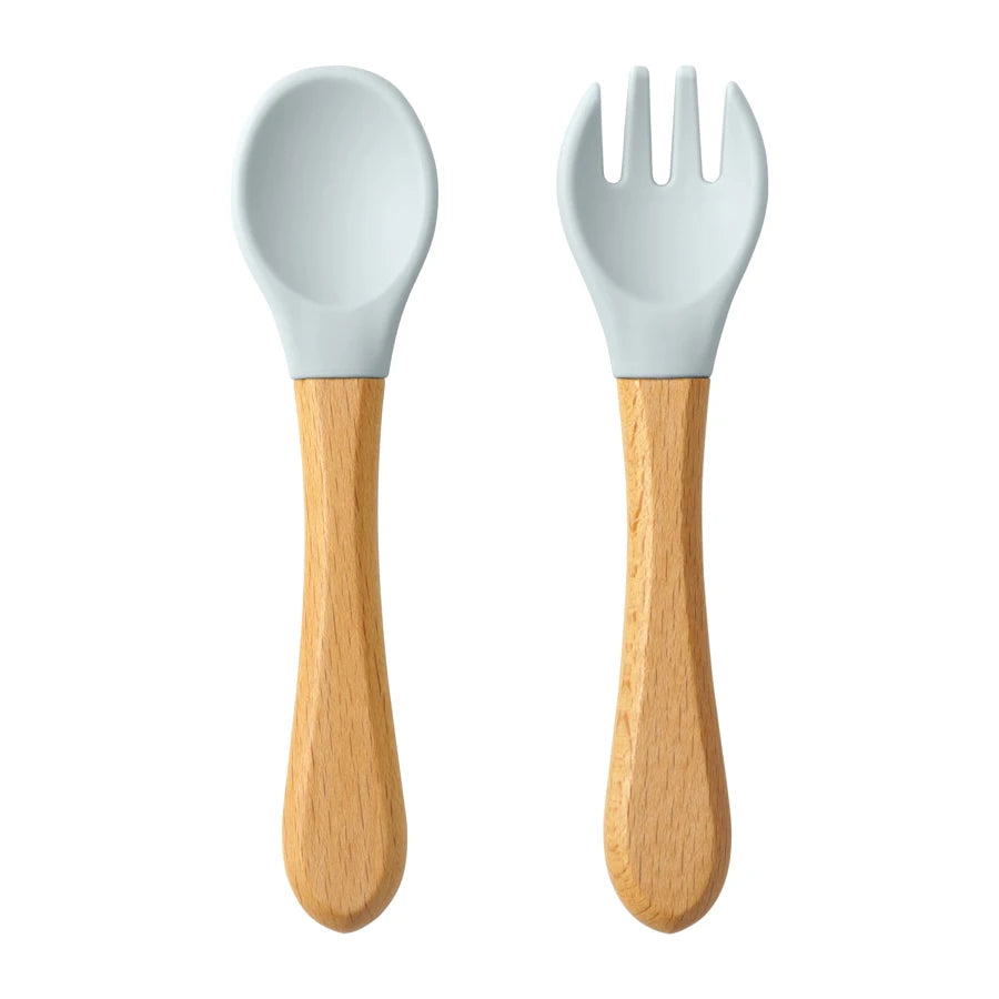 Wooden Handle Silicone Training Spoon & Fork Set