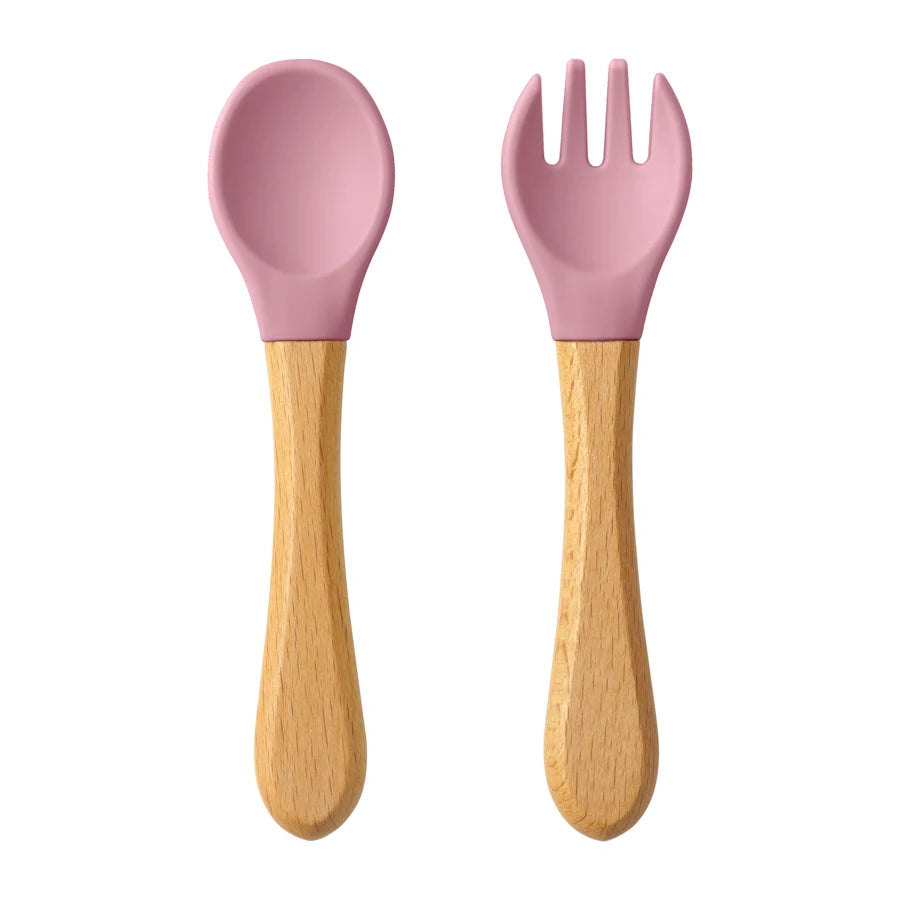 Wooden Handle Silicone Training Spoon & Fork Set