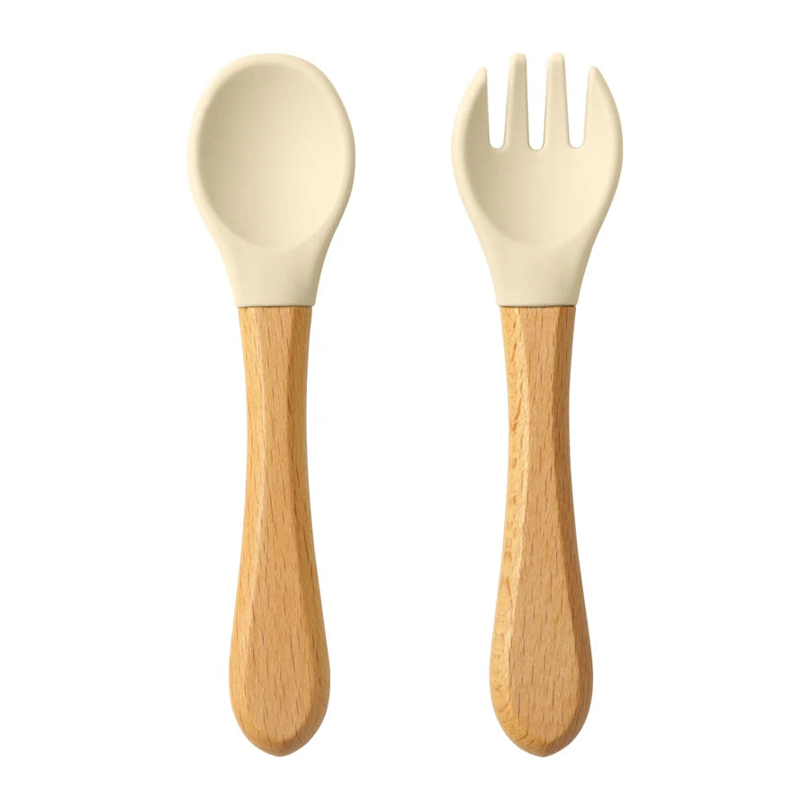 Wooden Handle Silicone Training Spoon & Fork Set
